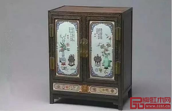 紫檀嵌彩瓷博古图小柜