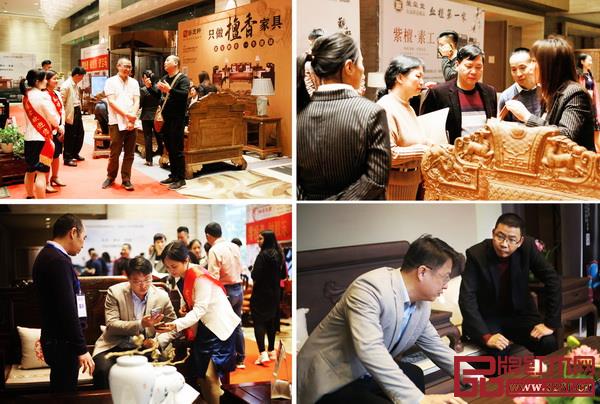 “2019匠心最美红木新品品鉴会”现场，众多经销商认真了解、体验红木家具新品