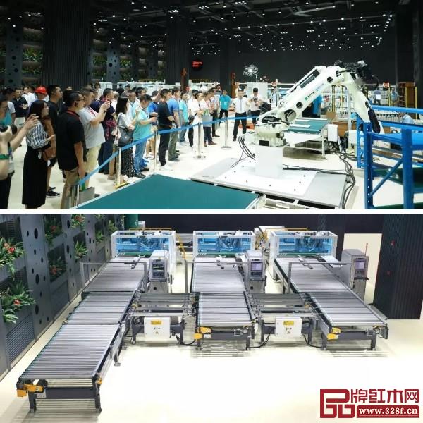 全长150米、占地面积2000平方的家具生产车间无人工厂演示区