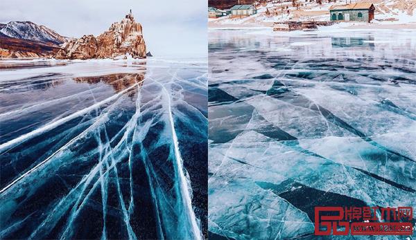 冰冻的贝加尔湖，剔透冰面下有无数种神秘裂痕