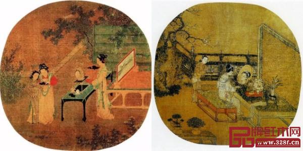 仇英《仿宋人画册》局部（左）靓妆仕女图团扇（右）
