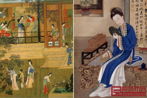 仇英《贵妃晓妆》（左）《胤禛美人图-裘装对镜》（右）