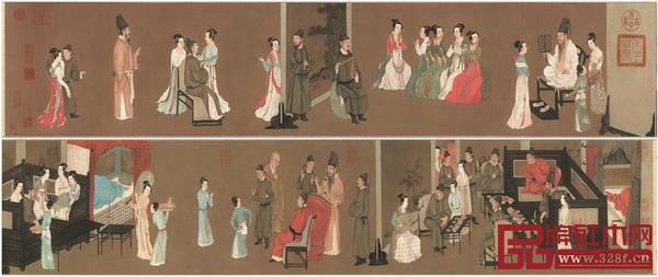 手卷画《韩熙载夜宴图》中,屏风多以竖立侧面出现,所有屏风都是为了分开和连起一幕幕场景 手卷画《韩熙载夜宴图》中,屏风多以竖立侧面出现,所有屏风都是为了分开和连起一幕幕场景